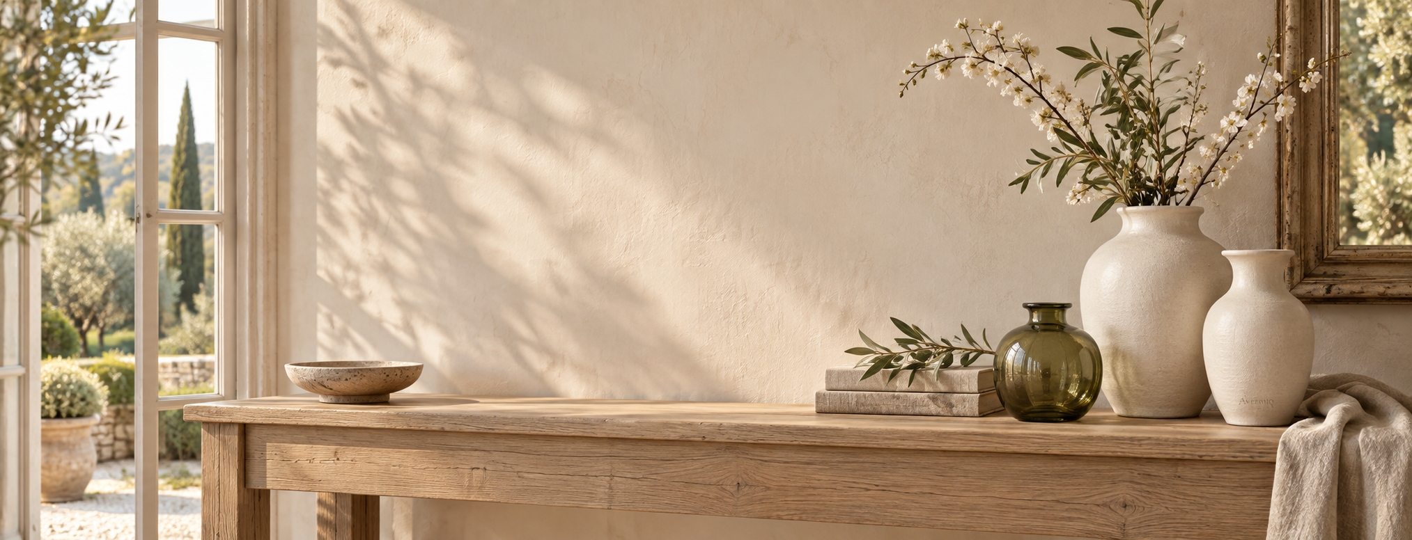 Sunlit Avermiq interior with sculptural ivory and olive glass vessels