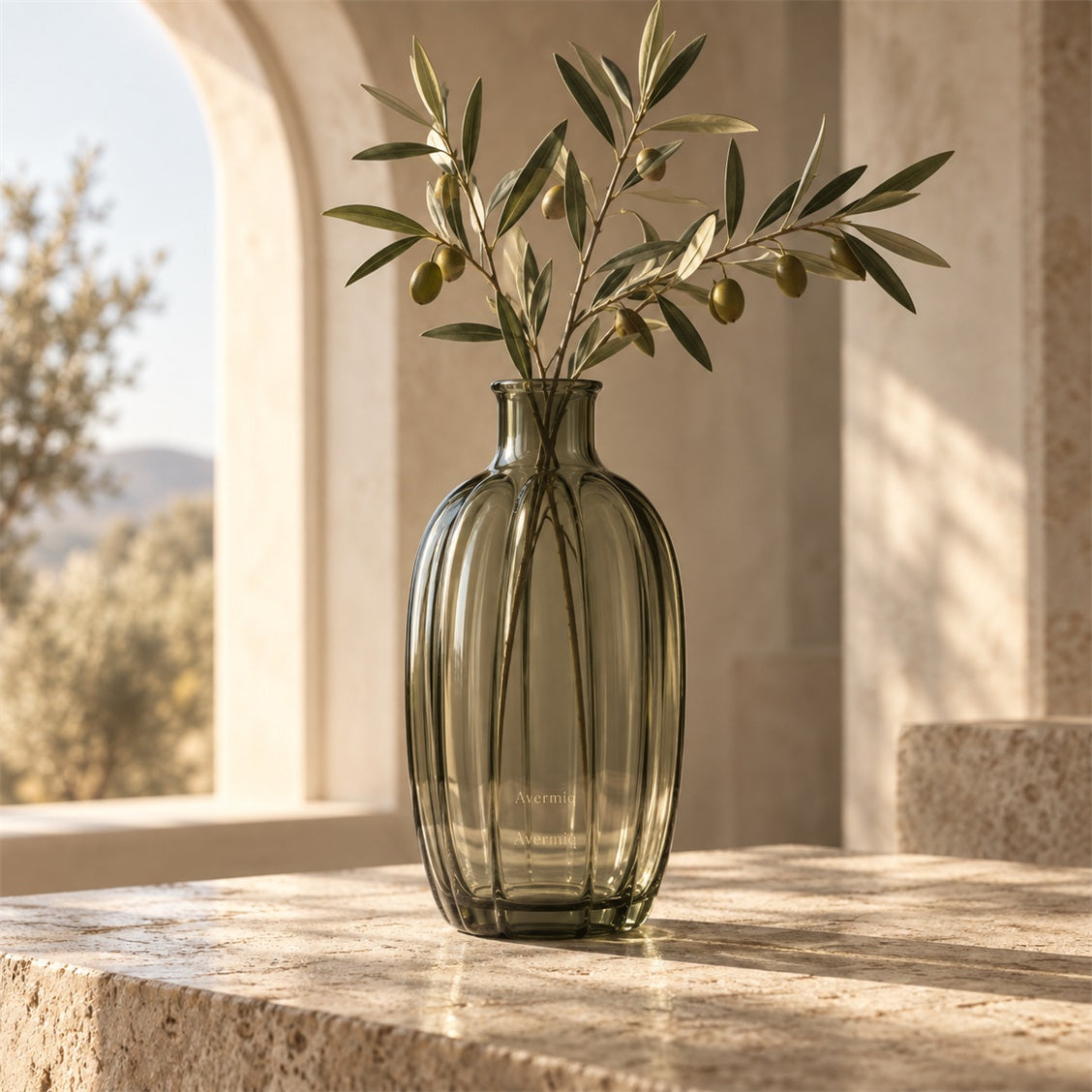 Avermiq Elara Ribbed Olive Glass Vase