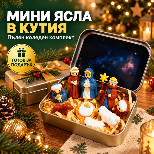 Мини коледна ясла в метална кутия – пълен комплект