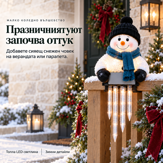 WinterGlow — светещ снежен човек с ледени висулки за парапет