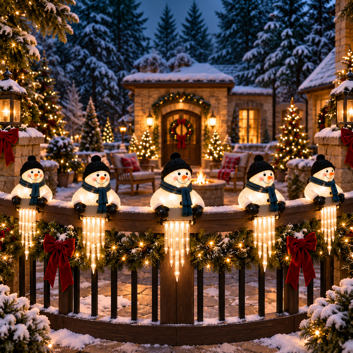 WinterGlow — светещ снежен човек с ледени висулки за парапет