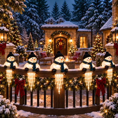 WinterGlow — светещ снежен човек с ледени висулки за парапет