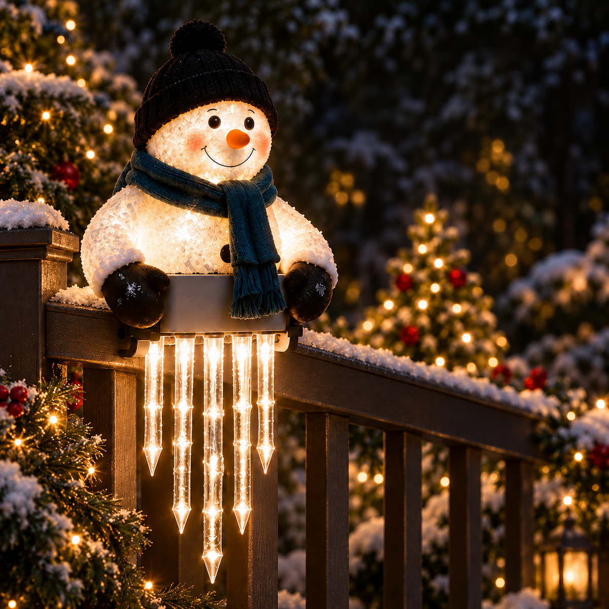 WinterGlow — светещ снежен човек с ледени висулки за парапет