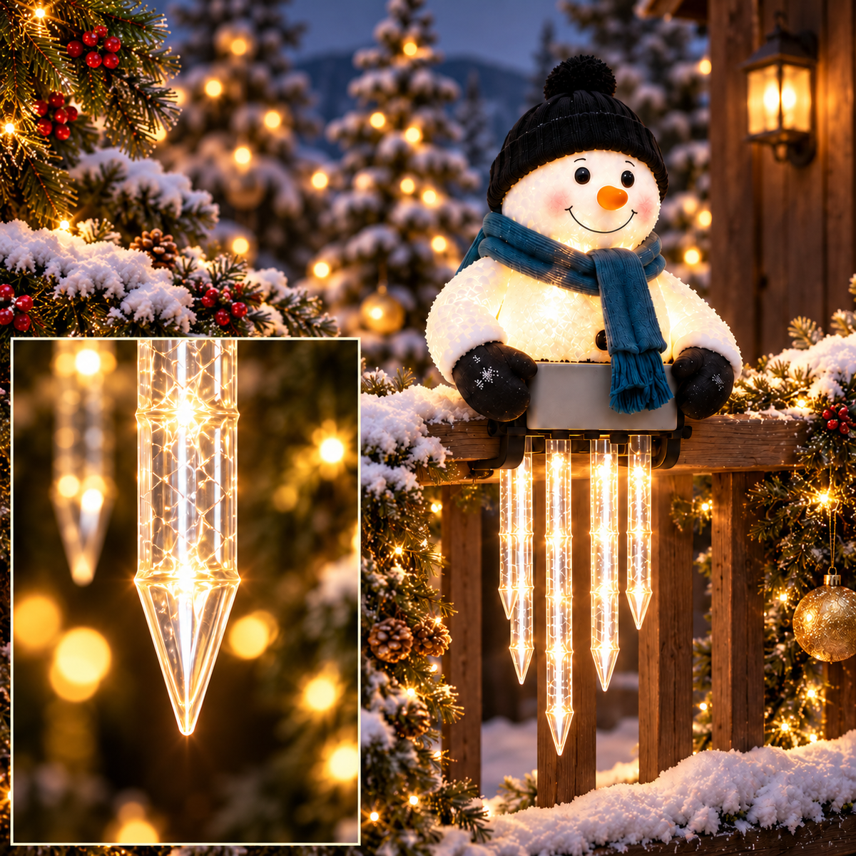 WinterGlow — светещ снежен човек с ледени висулки за парапет
