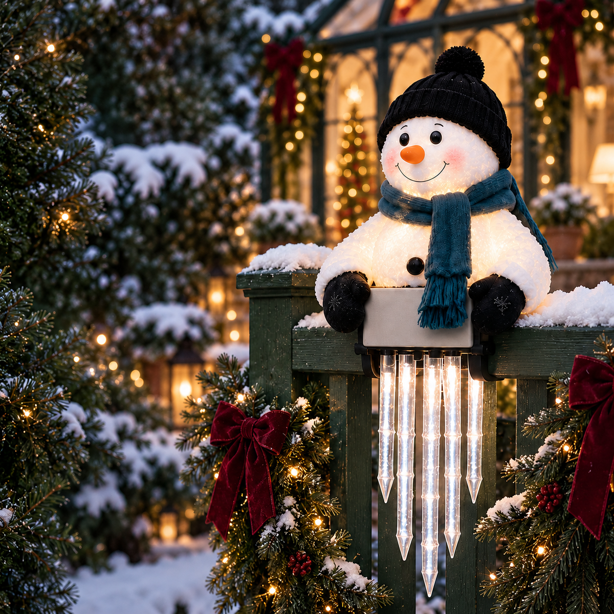 WinterGlow — светещ снежен човек с ледени висулки за парапет