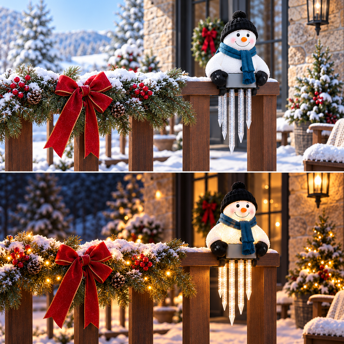 WinterGlow — светещ снежен човек с ледени висулки за парапет