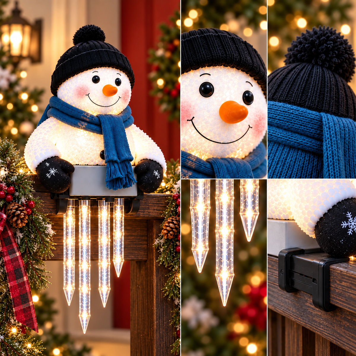 WinterGlow — светещ снежен човек с ледени висулки за парапет