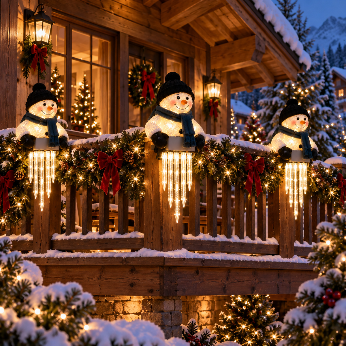 WinterGlow — светещ снежен човек с ледени висулки за парапет