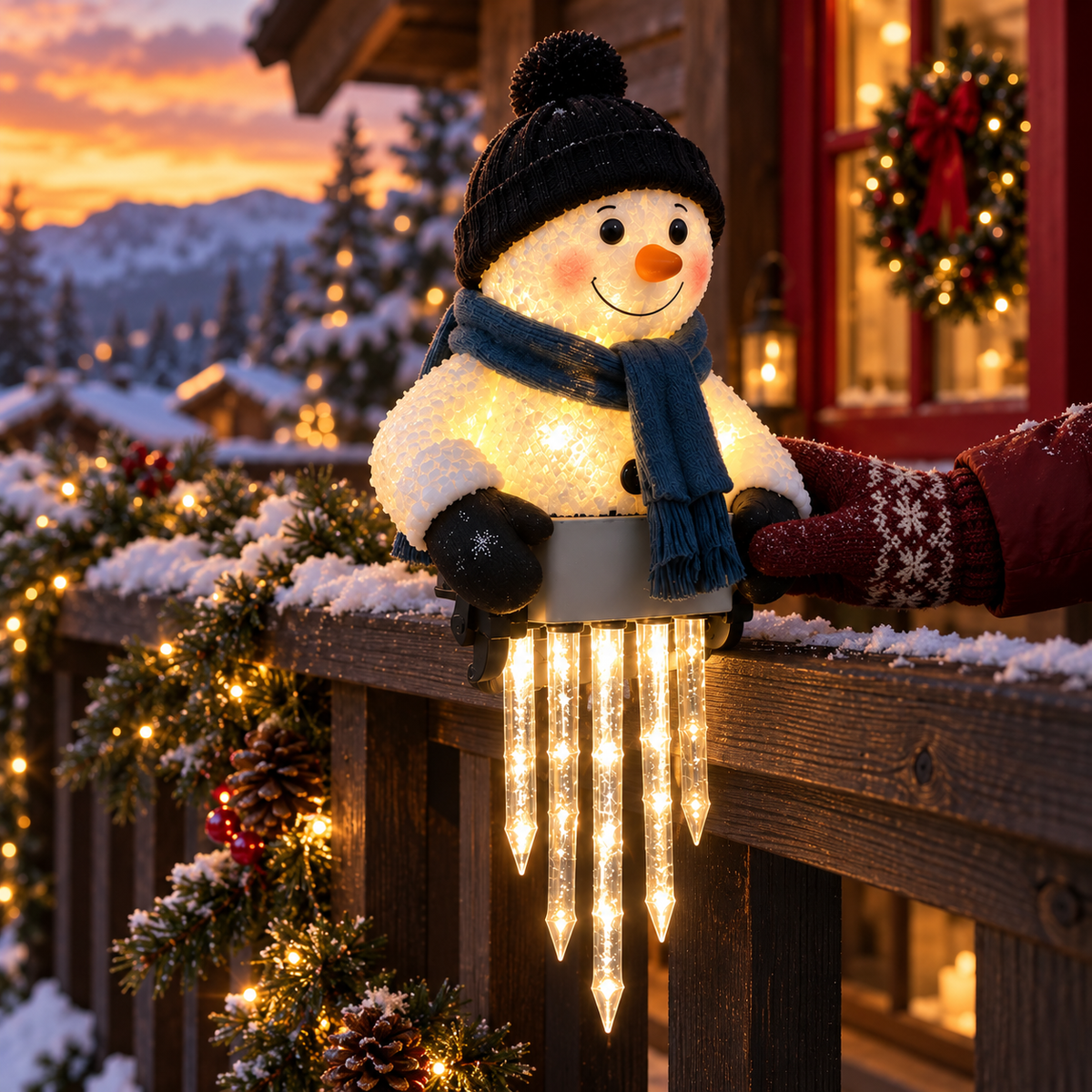 WinterGlow — светещ снежен човек с ледени висулки за парапет