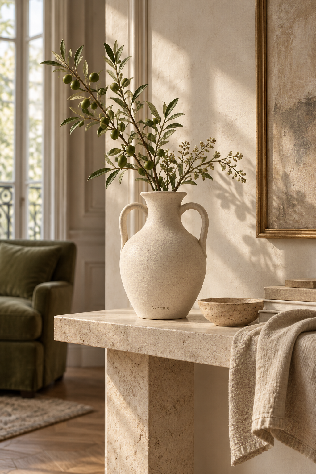 Avermiq sculptural vase styled with olive branches in a warm European interior