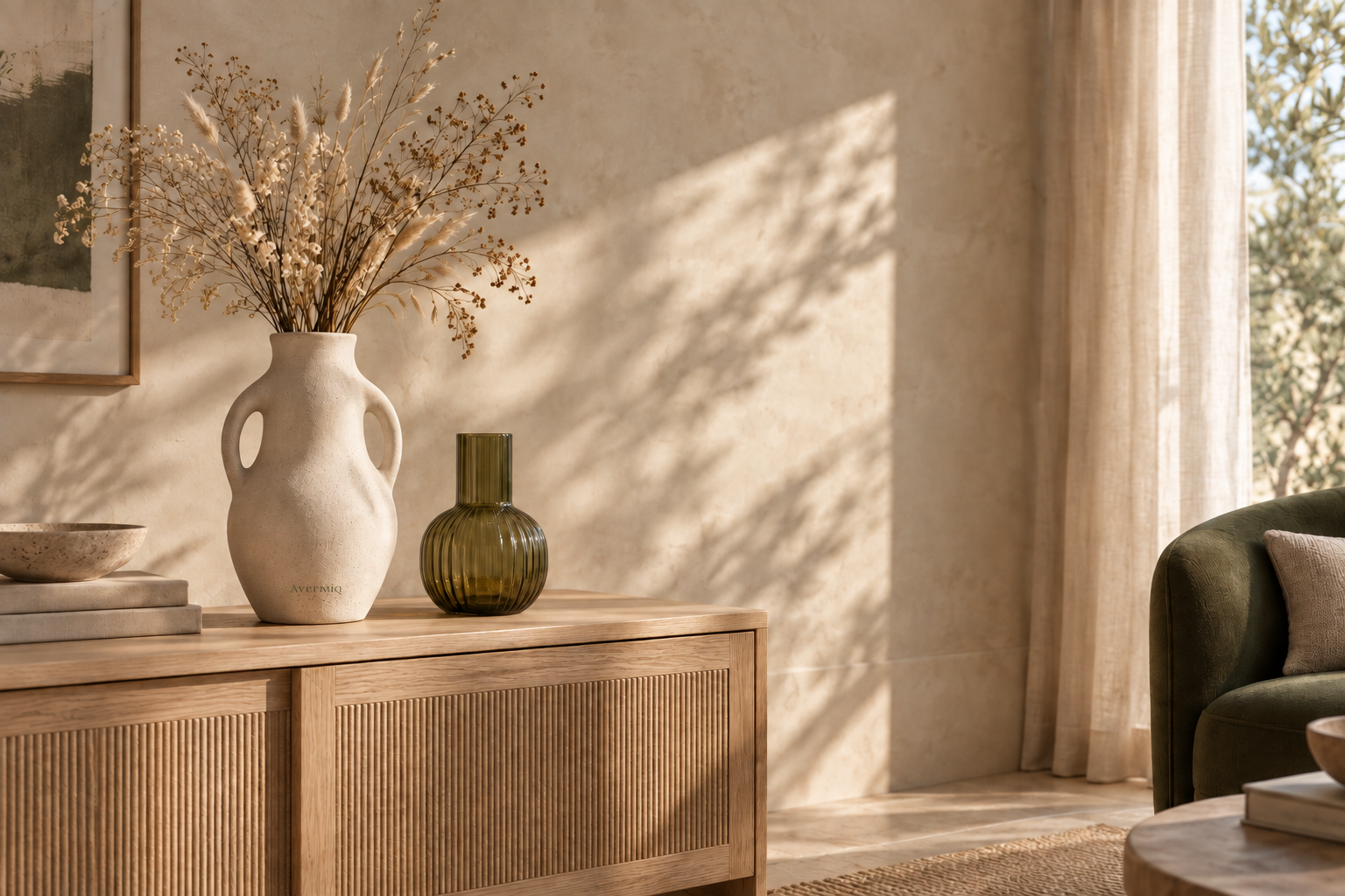 Warm interior with an Avermiq sculptural ivory vase and an olive glass vessel