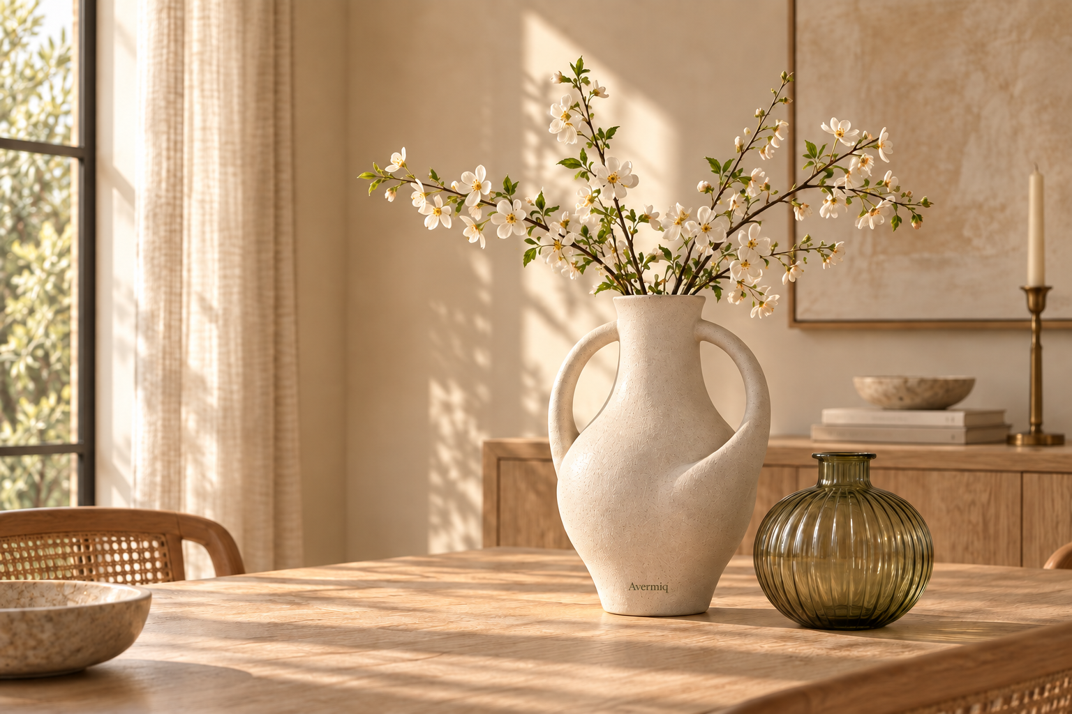 Sunlit modern dining room with an Avermiq ivory sculptural vase and an olive ribbed glass vase